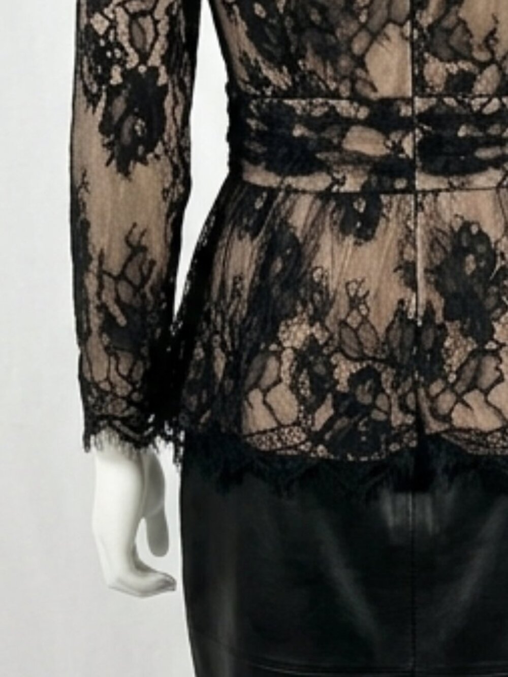 NWT Tadashi Shoji Vintage Black Lace Peplum Top & Leather Skirt Set Size 10 - Picture 4 of 16